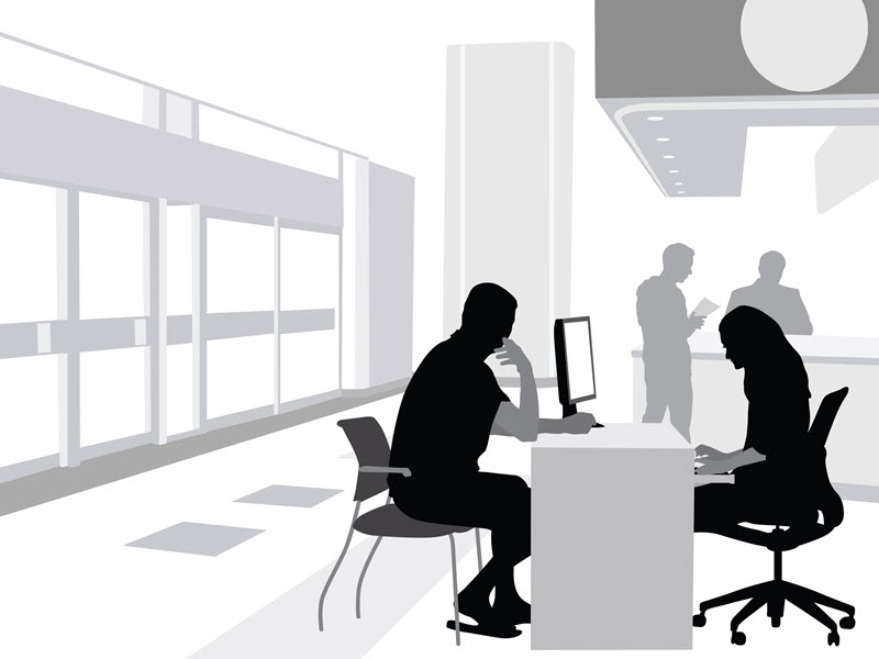 Black and white illustration of bank