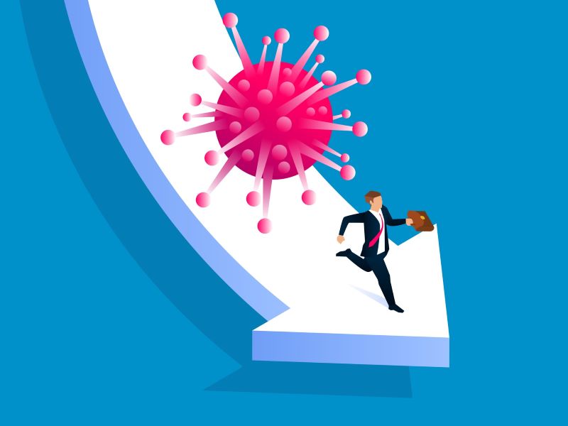 Coronavirus icon catches up with businessman running on on falling arrow