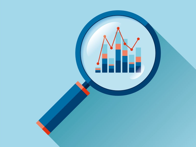 Illustration of magnifying glass focusing in on data chart