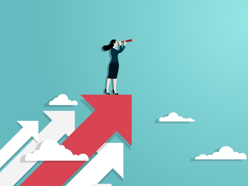 Business woman standing on arrows in the sky and using a telescope to look off into the distance