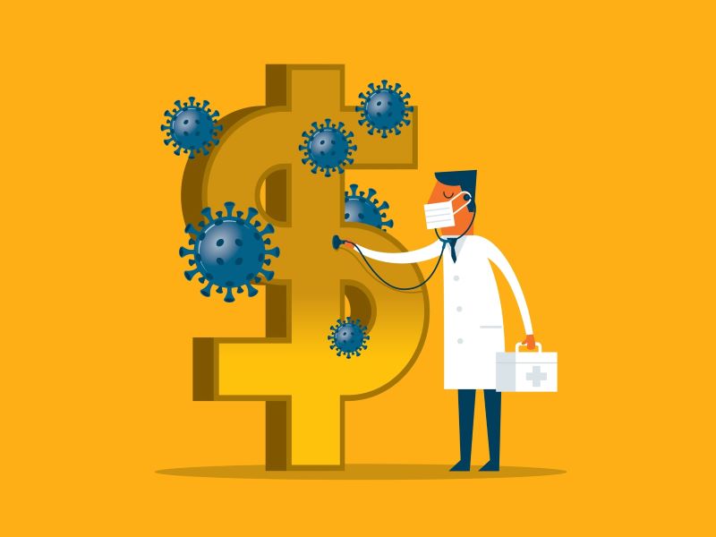 Illustration of doctor checking vital signs on a dollar sign