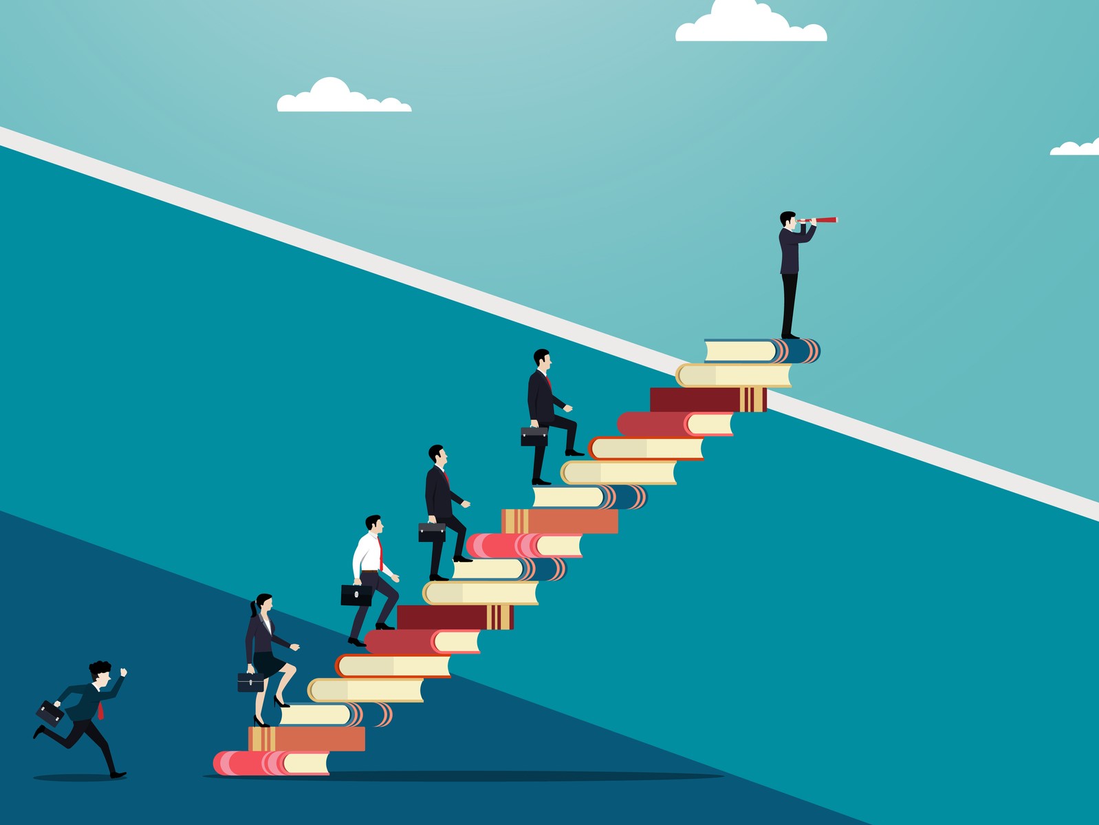 Team of business professionals with successful careers and education standing on books