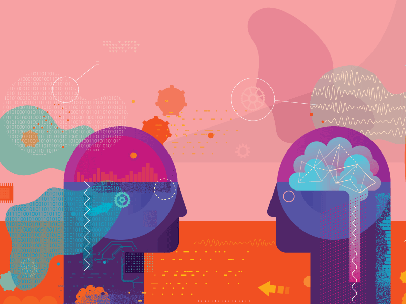 Illustration of persons looking at one another with drawing of active learning