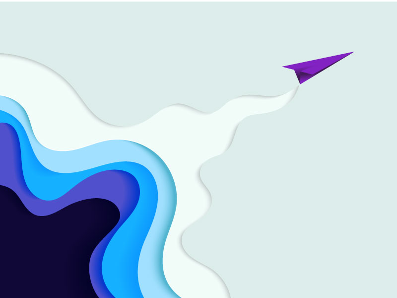 Illustration of paper airplane flying in undefined, abstract area
