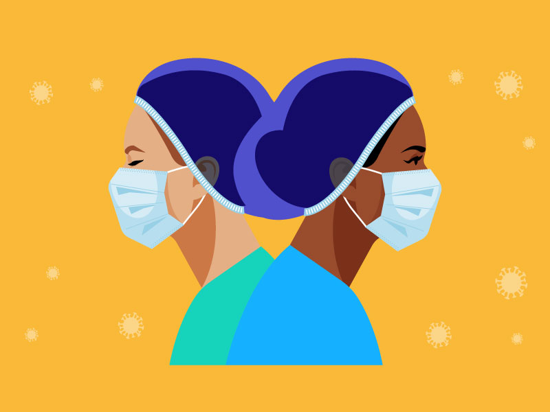 Two medical personnel with masks and hat, surrounded by virus icons
