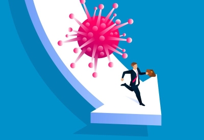 Coronavirus icon catches up with businessman running on on falling arrow