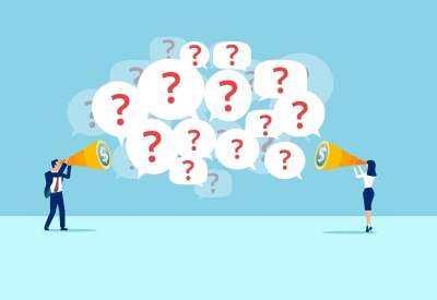 Illustration of man and woman looking through telescope to identify opportunities in the form of question marks in thought bubbles