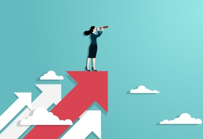 Business woman standing on arrows in the sky and using a telescope to look off into the distance
