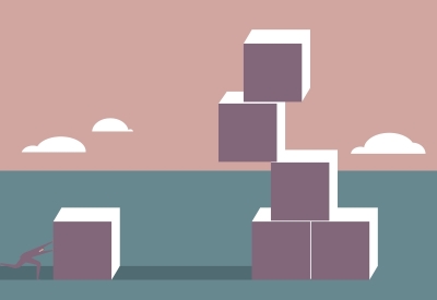 Illustration of business person pushing a block toward a tower made of precariously perched blocks