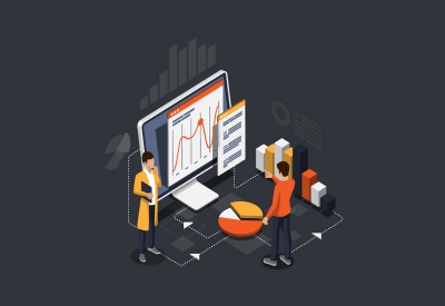 Illustration of 2 people conducting data analysis