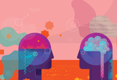 Illustration of persons looking at one another with drawing of active learning