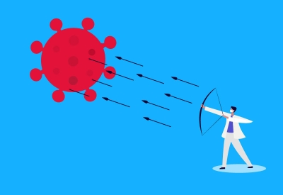 Person shooting arrows into virus shape to represent fighting COVID-19