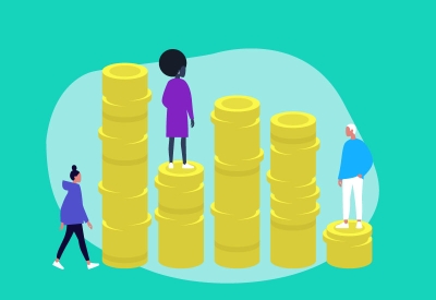 Group of characters standing and walking next to a stack of coins