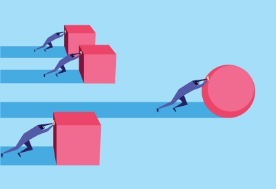Business people pushing forward three cubes, and one pushing forward a sphere