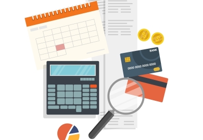 Illustration of calculator, notepad, calendar, magnifying glass on desk