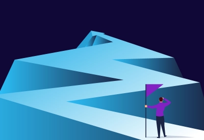 Businessman holding a flag looking at the flag farther from the top of the arrow