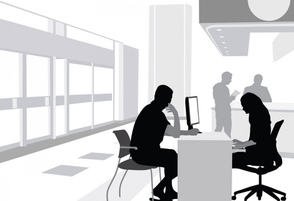 Black and white illustration of bank