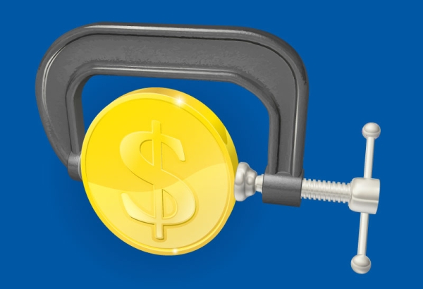 Clamp squeezing a golden coin