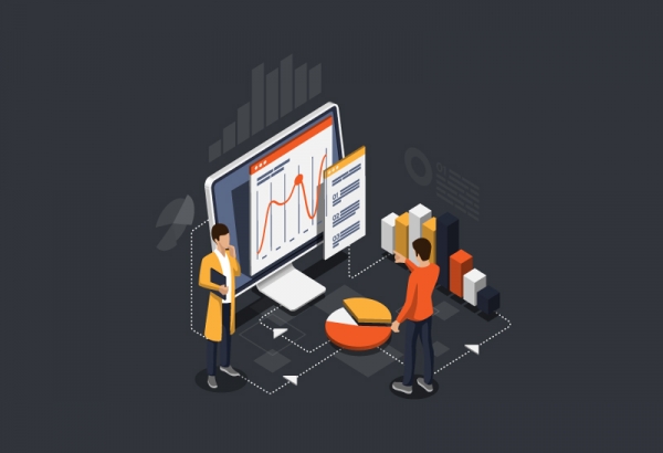 Illustration of 2 people conducting data analysis