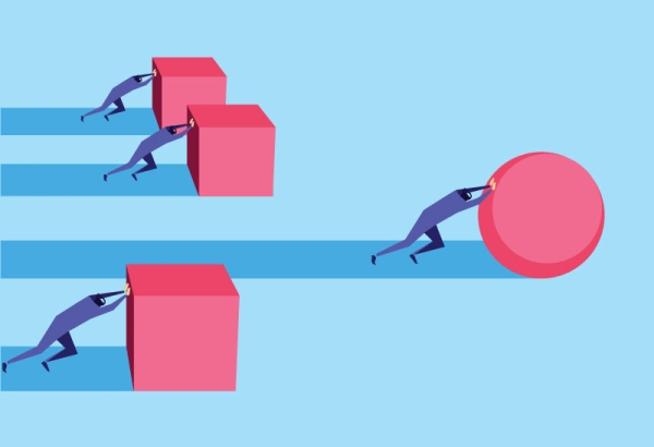 Business people pushing forward three cubes, and one pushing forward a sphere