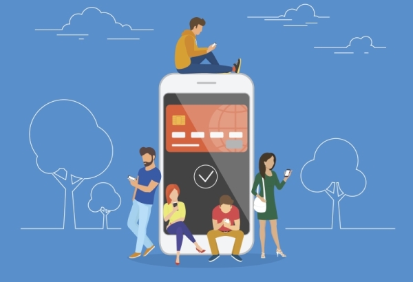 Illustration of people banking on phones